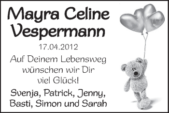 Babyanzeige von Mayra Celine Vespermann von WESER-KURIER