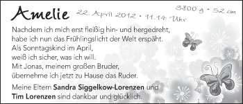 Babyanzeige von Amelie  von WESER-KURIER