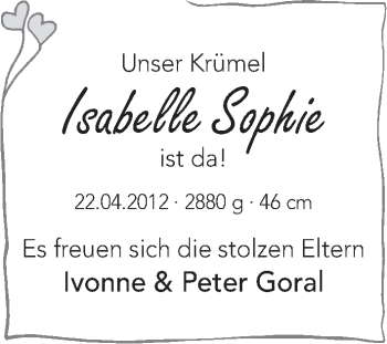 Babyanzeige von Isabelle Sophie Goral von WESER-KURIER