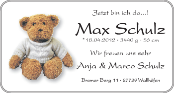 Babyanzeige von Max Schulz von WESER-KURIER