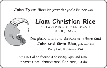 Babyanzeige von Liam Christion Rice von WESER-KURIER
