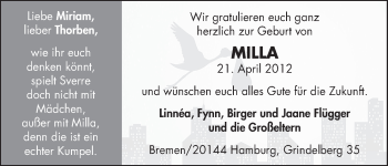 Babyanzeige von Milla  von WESER-KURIER