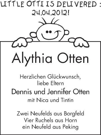 Babyanzeige von Alythia Otten von WESER-KURIER
