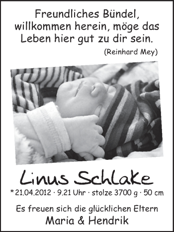 Babyanzeige von Linus Schlake von WESER-KURIER