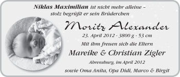 Babyanzeige von Moritz Alexander Zigler von WESER-KURIER
