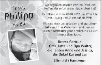 Babyanzeige von Philipp Varlemann von WESER-KURIER