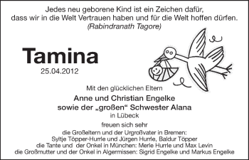 Babyanzeige von Tamina  von WESER-KURIER