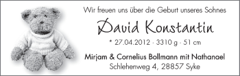 Babyanzeige von David Konstantin  von WESER-KURIER