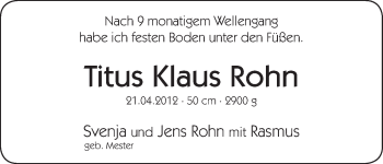Babyanzeige von Titus Klaus Rohn von WESER-KURIER