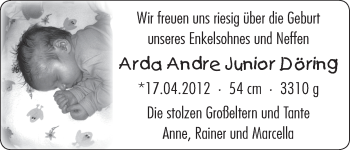 Babyanzeige von Arda Andre Junior Döring von WESER-KURIER