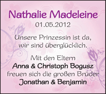 Babyanzeige von Nathalie Madeleine Bogusz von WESER-KURIER
