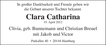 Babyanzeige von Clara Catharina  von WESER-KURIER