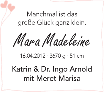 Babyanzeige von Mara Madeleine  von WESER-KURIER