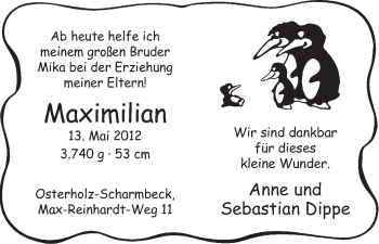 Babyanzeige von Maximilian Dippe von WESER-KURIER