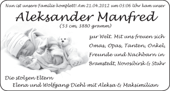Babyanzeige von Aleksander Manfred  von WESER-KURIER
