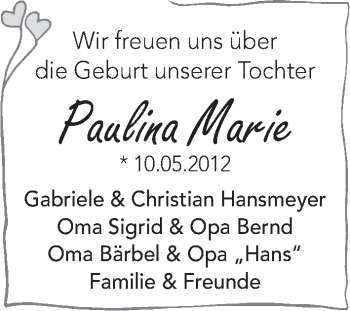 Babyanzeige von Paulina Marie  von WESER-KURIER