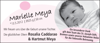 Babyanzeige von Marielle  von WESER-KURIER