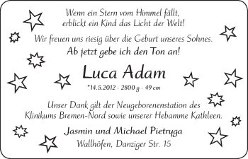 Babyanzeige von Luca Adam  von WESER-KURIER