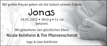 Babyanzeige von Jonas  von WESER-KURIER