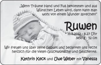 Babyanzeige von Ruwen  von WESER-KURIER