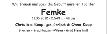 Babyanzeige von Femke  von WESER-KURIER