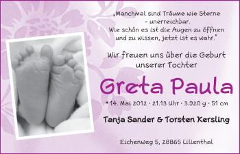 Babyanzeige von Greta Paula  von WESER-KURIER