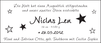 Babyanzeige von Niclas Len Otto von WESER-KURIER