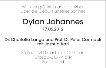 Babyanzeige von Dylan Johannes  von WESER-KURIER