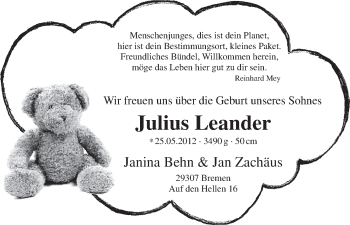 Babyanzeige von Julius Leander  von WESER-KURIER