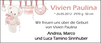Babyanzeige von Vievien Paulina Sinnhuber von WESER-KURIER