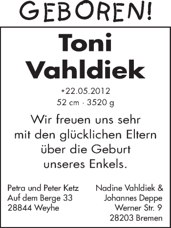 Babyanzeige von Toni Vahldiek von WESER-KURIER