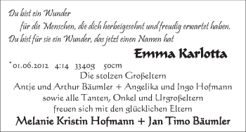 Babyanzeige von Emma Karlotta  von WESER-KURIER
