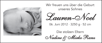 Babyanzeige von Lauren-Noel Ranz von WESER-KURIER