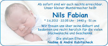 Babyanzeige von Nils Fabian Kubischeck von WESER-KURIER
