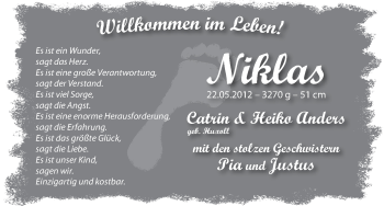 Babyanzeige von Niklas Anders von WESER-KURIER