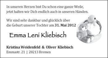 Babyanzeige von Emma Leni Kliebisch von WESER-KURIER
