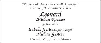 Babyanzeige von Leonard Michael Epomeo  von WESER-KURIER