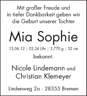 Babyanzeige von Mia Sophie  von WESER-KURIER