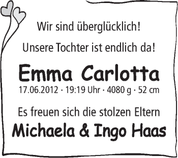 Babyanzeige von Emma Carlotta Haas von WESER-KURIER