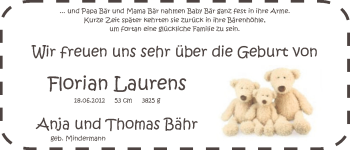 Babyanzeige von Florian Laurens Bähr von WESER-KURIER