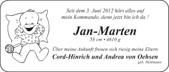 Babyanzeige von Jan-Marten von Oehsen von WESER-KURIER