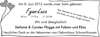 Babyanzeige von Fynn-Luca  Flügge von WESER-KURIER