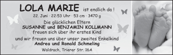 Babyanzeige von Lola Marie  von WESER-KURIER