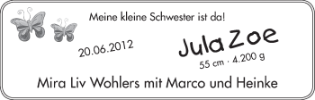 Babyanzeige von Jula Zoe Wohlers von WESER-KURIER