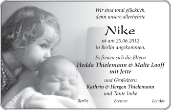 Babyanzeige von Nike  von WESER-KURIER
