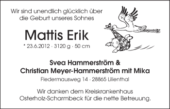 Babyanzeige von Mattis Erik  von WESER-KURIER