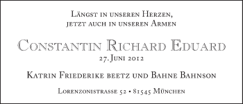 Babyanzeige von Constantin Richard Eduard  von WESER-KURIER