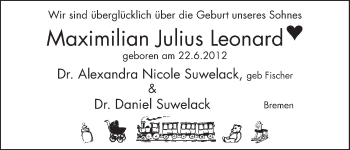 Babyanzeige von Maximilian Julius Leonard Suwelack von WESER-KURIER