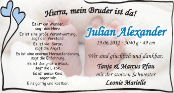 Babyanzeige von Julian Alexander Pfau von WESER-KURIER