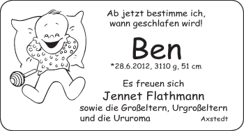 Babyanzeige von Ben  von WESER-KURIER
